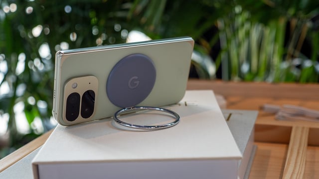 A Pixelsnap Ring on the back of a folded Google Pixel 10 Pro Fold