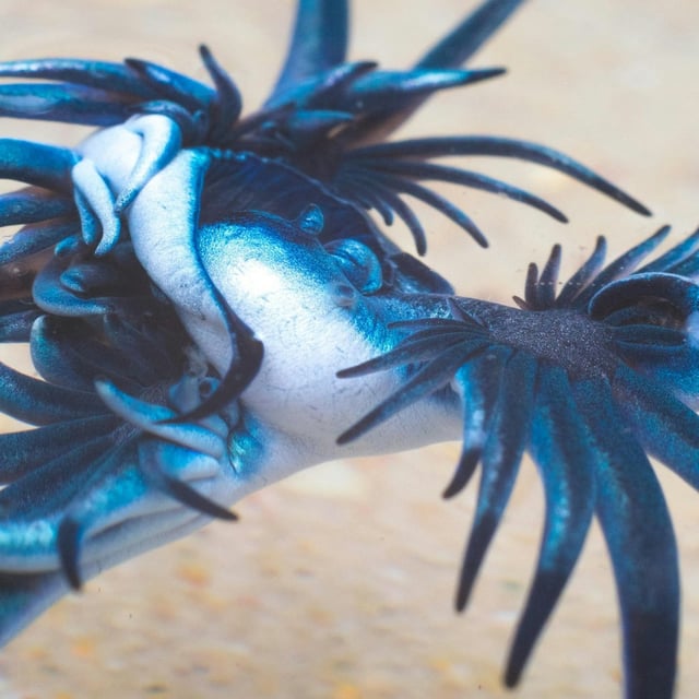 Nahaufnahme einer leuchtend blauen Meeresschnecke, Glaucus atlanticus, die