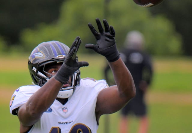 Aug 19, 2025: Baltimore Ravens inside linebacker Jay Higgins IV catches a pass during practice at Baltimore’s training facility for the upcoming NFL preseason game hosted by the Washington Commanders, with a number of players fighting for a position on the roster. (Karl Merton Ferron/Staff)