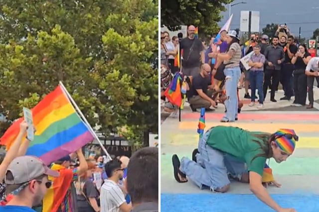 Florida locals reinstate rainbow crosswalk, in screenshots from a video shared to X by @jeremy_rodrigue.