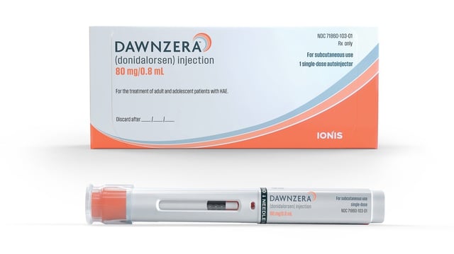 The 80mg dose of Dawnzera is self-administered through a subcutaneous autoinjector. Credit: Ionis Pharmaceuticals, Inc./Business Wire.