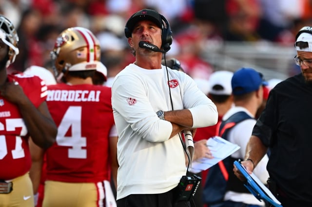 San Francisco 49ers head coach Kyle Shanahan glances up at the scoreboard while playing the Denver Broncos in the first quarter of their NFL preseason game at Levi’s Stadium in Santa Clara, Calif., on Saturday, Aug. 9, 2025. (Jose Carlos Fajardo/Bay Area News Group)