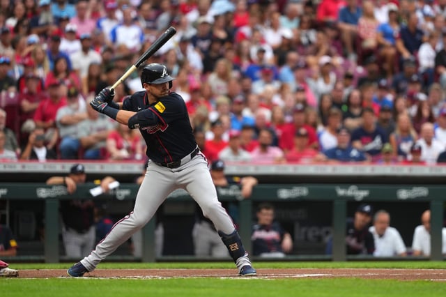 CINCINNATI, OHIO - JULY 31: Austin Riley #27 of the Atlanta Braves in action during the game against the Cincinnati Reds at Great American Ball Park on July 31, 2025 in Cincinnati, Ohio.