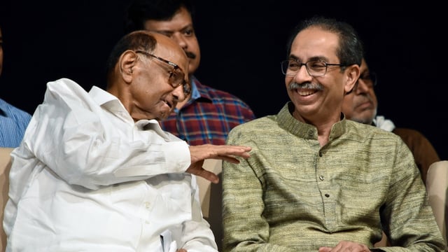 Mumbai, Aug 14 (ANI): NCP-SCP chief Sharad Pawar, in conversation with Shiv Sena(UBT) chief Uddhav Thackeray during the 'Statewide Resolution Conference', in Mumbai on Thursday. (ANI Photo)