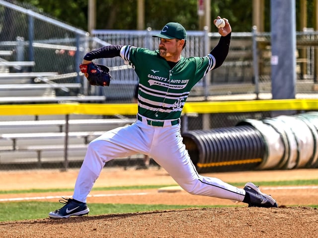  Haden Dow delivers a pitch for the Charlottetown Gaudet’s Auto Body Islanders against Ontario Team Two at the 2025 Baseball Canada national senior men’s championship in Regina on Aug. 21. Dow pitched six solid innings to earn the win in the Islanders’ 6-2 victory.