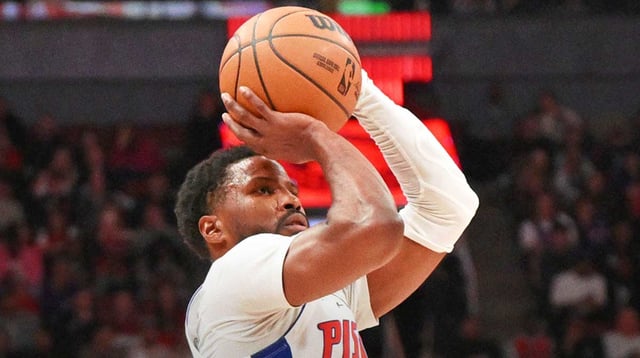 Apr 4, 2025; Toronto, Ontario, CAN; Detroit Pistons guard Malik Beasley (5) shoots the ball against the Toronto Raptors in the first half at Scotiabank Arena. Mandatory Credit: Dan Hamilton-Imagn Images