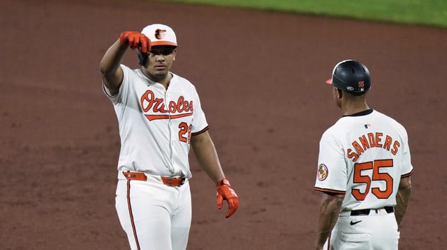 Baltimore Orioles' Sam Basallo, left, celebrates after hitting a single during the sixth inning of a baseball game against the Houston Astros, Thursday, Aug. 21, 2025, in Baltimore. (AP Photo/Stephanie Scarbrough)