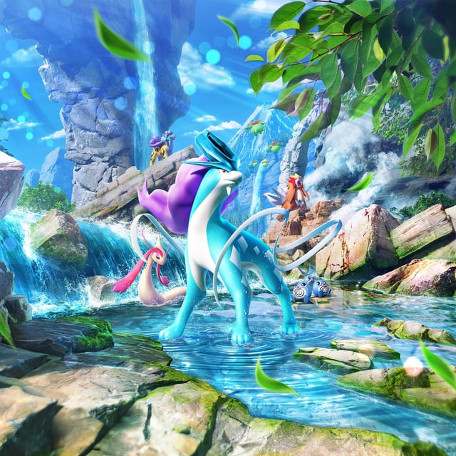 Suicune and several other Pokémon frolicking in a picturesque stream in key artwork for Pokémon TCG Pocket's Secluded Springs expansion.