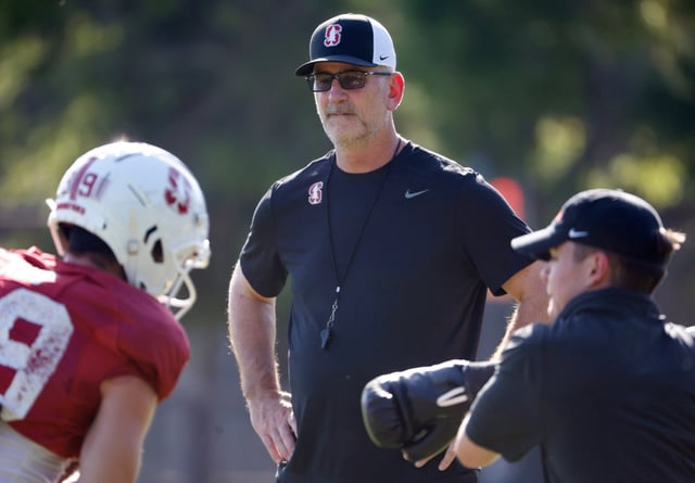Stanford Cardinal head coach Frank Reich keeps an eye on players during practice on the practice field at Stanford University in Stanford, Calif., on Monday, April 21, 2025. (Nhat V. Meyer/Bay Area News Group)