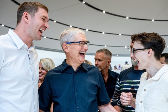 US Olympic swimmer Ryan Murphy, from left, Tim Cook, chief executive officer of Apple Inc., and US Olympic gymnast Stephen Nedoroscik, during an event at Apple Park campus in Cupertino, California, US, on Monday, Sept. 9, 2024.
