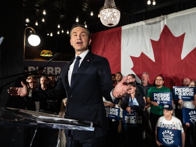 Conservative Party Leader Pierre Poilievre celebrates the win during the Battle River-Crowfoot byelection in Camrose, Alta., Monday, Aug. 18, 2025.