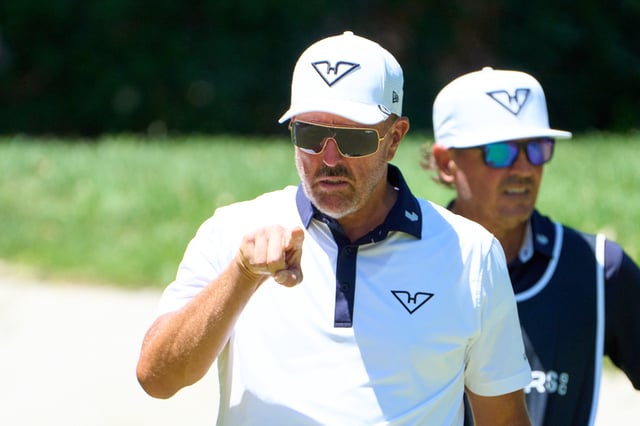 CÁDIZ, SPAIN - JULY 11: CÁDIZ, SPAIN - JULY 11: Phil Mickelson of HyFlyers GC gestures on the first green on day one of LIV Golf Andalucia at Valderrama on July 11, 2025 in Cádiz, Spain. (Photo by Angel Martinez/Getty Images)