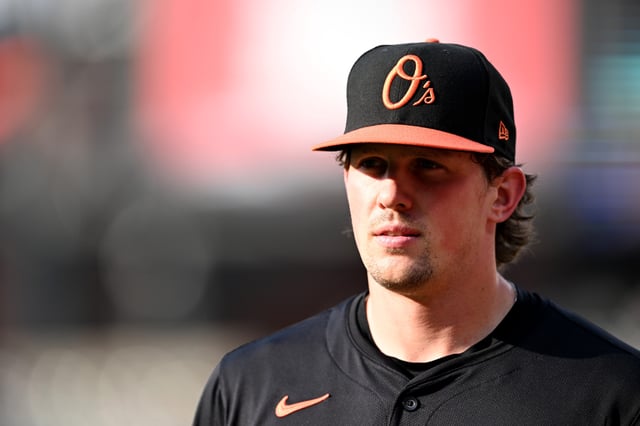 BALTIMORE, MARYLAND - JUNE 12: Adley Rutschman #35 of the Baltimore Orioles warms up before the game against the Detroit Tigers at Oriole Park at Camden Yards on June 12, 2025 in Baltimore, Maryland. (Photo by G Fiume/Getty Images)