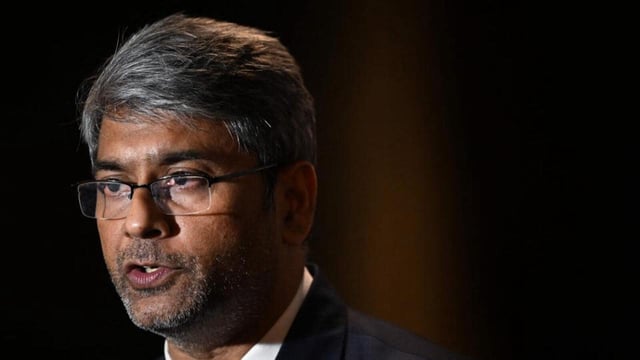 President of the All India Football Federation (AIFF), Kalyan Chaubey, speaks at a press conference in New Delhi. (AFP)