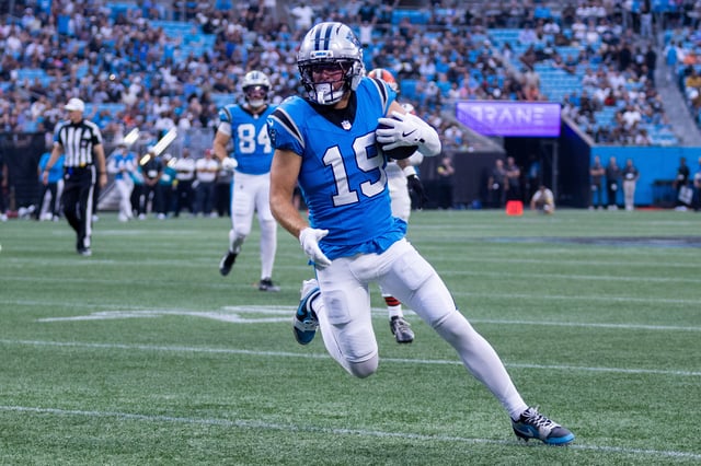 Aug 8, 2025; Charlotte, North Carolina, USA; Carolina Panthers wide receiver Adam Thielen (19) runs with the ball during the second quarter against the Cleveland Browns at Bank of America Stadium. Mandatory Credit: Scott Kinser-The USAToday Network via Imagn Images/File Photo