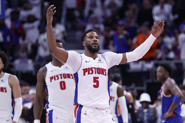May 1, 2025; Detroit, Michigan, USA; Detroit Pistons guard Malik Beasley (5) fires up the crowd in the first half against the New York Knicks during game six of first round for the 2024 NBA Playoffs at Little Caesars Arena. Mandatory Credit: Rick Osentoski-Imagn Images/File Photo