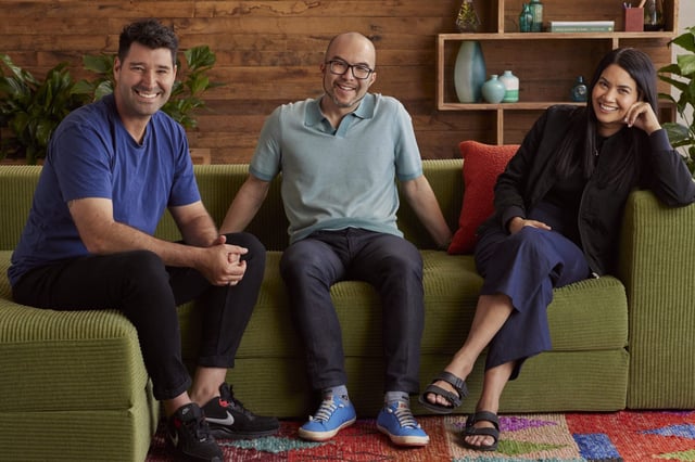 Canva cofounders Cliff Obrecht, Cameron Adams and Melanie Perkins from left to right. The design software company was recently valued at $42 billion.