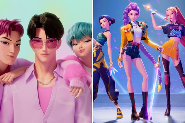 Stills from "KPop Demon Hunters," the new animation film on Netflix, featuring the Saja Boys (left) and HUNTR/X (right).