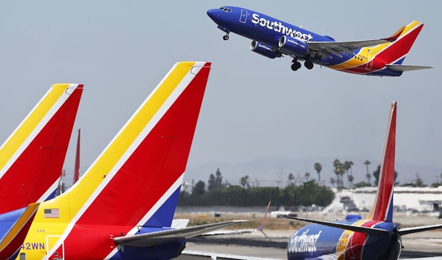 A Southwest Airlines plane takes off from Hollywood Burbank Airport.
