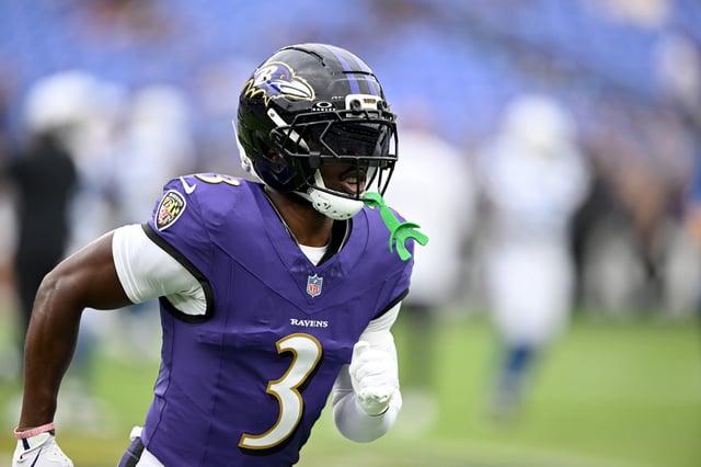 BALTIMORE, MARYLAND - AUGUST 07: Chidobe Awuzie #3 of the Baltimore Ravens warms up before the game against the Indianapolis Colts during the NFL Preseason 2025 game at M&T Bank Stadium on August 07, 2025 in Baltimore, Maryland.