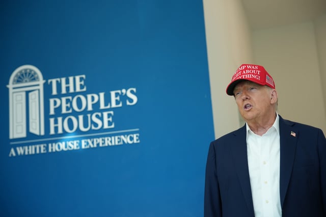 President Donald Trump speaks to the media during a visit to The People's House: A White House Experience Aug. 22, 2025 in Washington, DC.