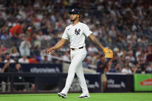 FILE: Camilo Doval of the New York Yankees looks on during the game against the Houston Astros at Yankee Stadium on Aug. 8, 2025, in New York.