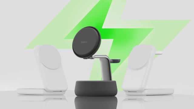 The UltraCharge Pro 3-in-1 Magnetic Charging Dock (center) is the highlight of Belkin’s new iPhone stands.