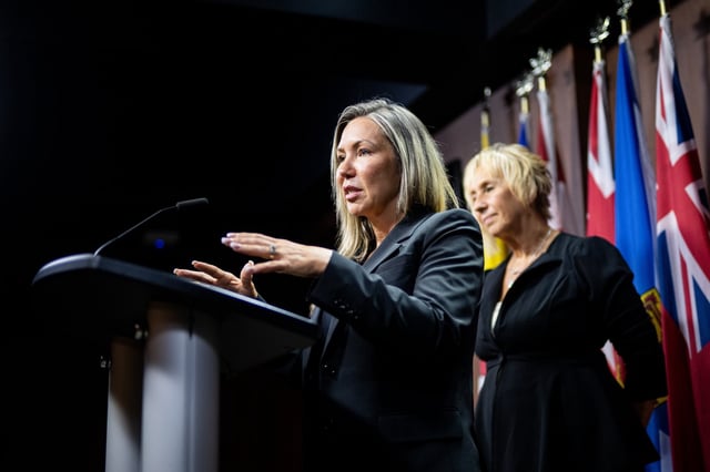 Katie Pasitney, of Universal Ostrich Farm, speaks during a press conference on Parliament Hill in Ottawa on Tuesday, July 15, 2025. THE CANADIAN PRESS/Spencer Colby