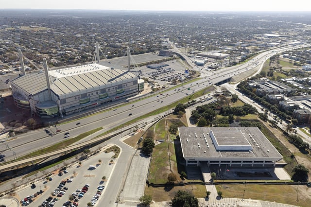 The Alamodome, left, and former home of the UTSA Institute of Texan Cultures, right, are seen separated by US 281on Tuesday, Jan. 7, 2025 in San Antonio, Texas.