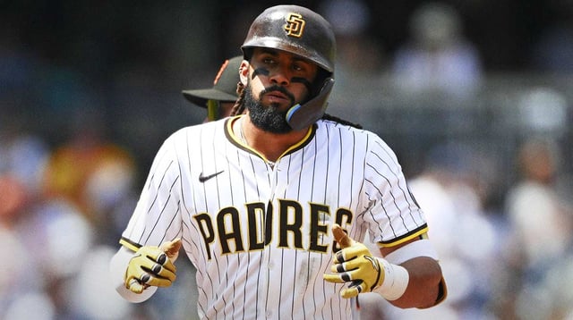 Padres right fielder Fernando Tatis Jr. (23) gestures after hitting a double during the fourth inning against the San Francisco Giants at Petco Park