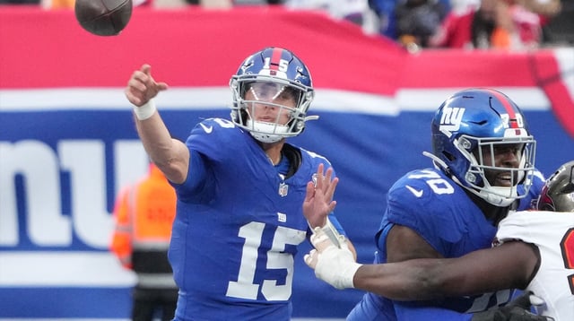 Nov 24, 2024; East Rutherford, New Jersey, USA; New York Giants quarterback Tommy DeVito (15) throws against the Tampa Bay Buccaneers during the second half at MetLife Stadium. Mandatory Credit: Robert Deutsch-Imagn Images
