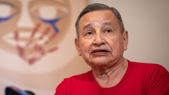 Grand Chief Stewart Phillip, speaks during a news conference at Justice for Girls in Vancouver on Monday, May 5, 2025. THE CANADIAN PRESS/Ethan Cairns