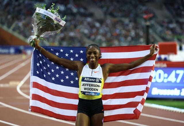 Athletics - Diamond League - Brussels - King Baudouin Stadium, Brussels, Belgium - August 22, 2025  Melissa Jefferson-Wooden of the U.S. celebrates winning the women's 100m final REUTERS/Yves Herman