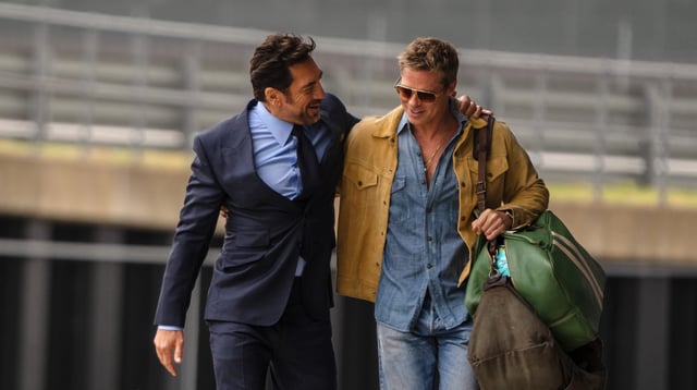 Ruben (Javier Bardem, left) recruits his old driver buddy Sonny (Brad Pitt) to help save his race team in "F1: The Movie."