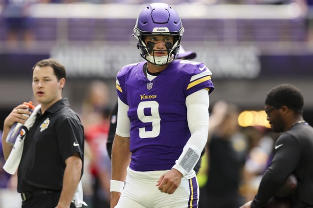 Minnesota Vikings quarterback J.J. McCarthy #9 looks on prior to the NFL Preseason 2025 game between Houston Texans and Minnesota Vikings at U.S. Bank Stadium on August 9, 2025 in Minneapolis, Minnesota.