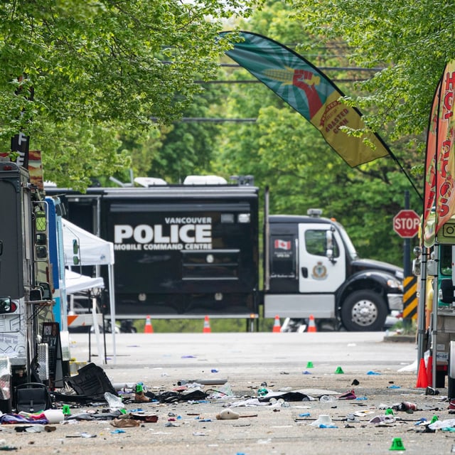 Debris is seen on East 43rd Avenue in Vancouver, where a vehicle drove into crowd at a Lapu Lapu Day festival the night before, on Sunday, April 27, 2025. THE CANADIAN PRESS/Rich Lam