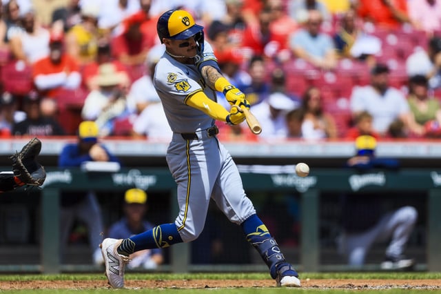 Aug 17, 2025; Cincinnati, Ohio, USA; Milwaukee Brewers shortstop Joey Ortiz (3) bats against the Cincinnati Reds in the third inning at Great American Ball Park. Mandatory Credit: Katie Stratman-Imagn Images/ File Photo
