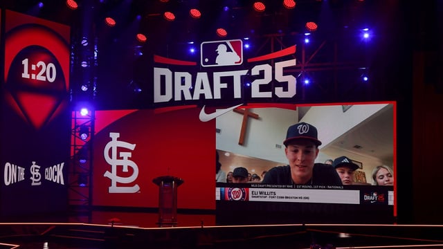 Jul 13, 2025; Atlanta, GA, USA; Washington Nationals first overall pick Eli Willits does an interview during the MLB Draft at The Coca-Cola Roxy. Mandatory Credit: Brett Davis-Imagn Images