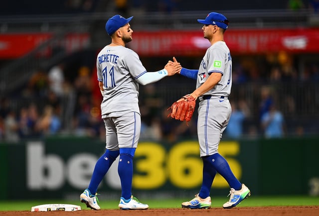PITTSBURGH, PENNSYLVANIA - AUGUST 19: Bo Bichette #11 celebrates with Andrés Giménez #0 of the Toronto Blue Jays after a 7-3 win over the Pittsburgh Pirates at PNC Park on August 19, 2025 in Pittsburgh, Pennsylvania.