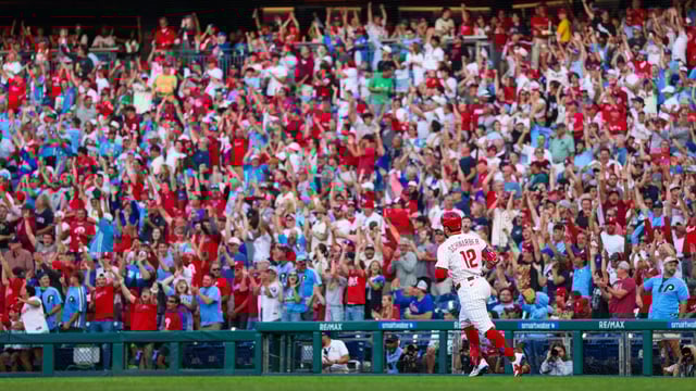 PHILADELPHIA, PENNSYLVANIA - AUGUST 19: Kyle Schwarber #12 of the Philadelphia Phillies rounds the bases after hitting a home run in the first inning against the Seattle Mariners at Citizens Bank Park on August 19, 2025 in Philadelphia, Pennsylvania.