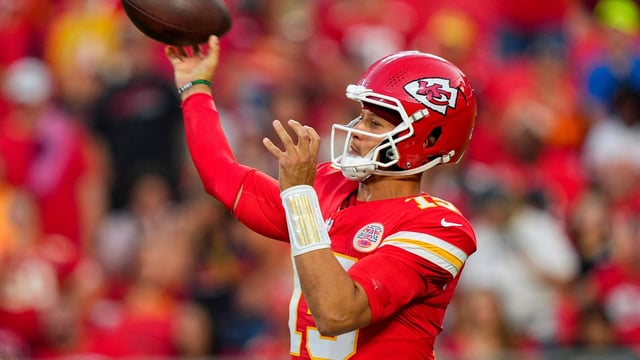 Aug 22, 2025; Kansas City, Missouri, USA; Kansas City Chiefs quarterback Patrick Mahomes (15) throws a pass during the first half against the Chicago Bears at GEHA Field at Arrowhead Stadium. Mandatory Credit: Jay Biggerstaff-Imagn Images