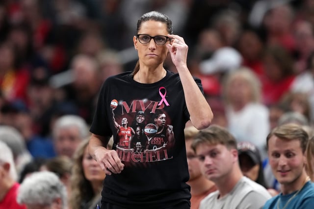 Head coach Stephanie White of the Indiana Fever looks on in the first quarter against the Minnesota Lynx at Gainbridge Fieldhouse on August 22, 2025 in Indianapolis, Indiana.
