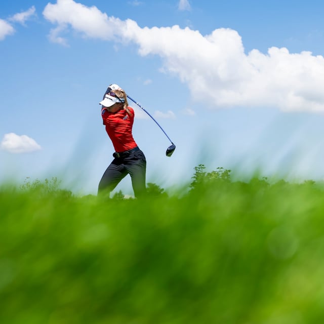 Brooke Henderson tees off on the 16th hole during the second round of the CPKC Women’s Open at the Mississaugua Golf and Country Club in Mississauga, Ont. on Friday.