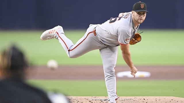 Aug 20, 2025; San Diego, California, USA; San Francisco Giants starting pitcher Landen Roupp (65) delivers during the first inning against the San Diego Padres at Petco Park. Mandatory Credit: Denis Poroy-Imagn Images