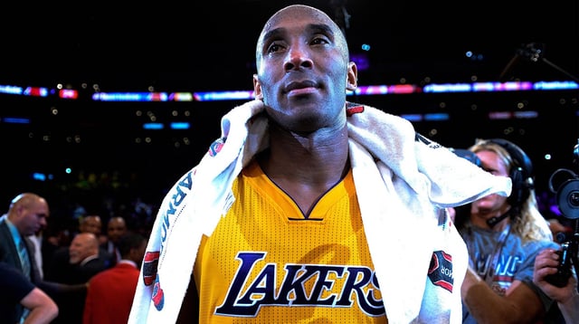 Apr 13, 2016; Los Angeles, CA, USA; Los Angeles Lakers forward Kobe Bryant (24) looks on after the Lakers defeat of the Utah Jazz 101-96 at Staples Center in Bryant's final game of his career. Bryant scored 60 points in the game. Mandatory Credit: Robert Hanashiro-Imagn Images