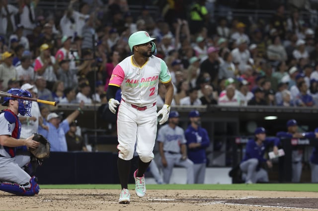 SAN DIEGO, CA – AUGUST 22: Xander Bogaerts #2 of the San Diego Padres hits a sacrifice fly during the game between the Los Angeles Dodgers and the San Diego Padres at Petco Park on Friday, August 22, 2025 in San Diego, California. (Photo by Rob Leiter/MLB Photos via Getty Images)
