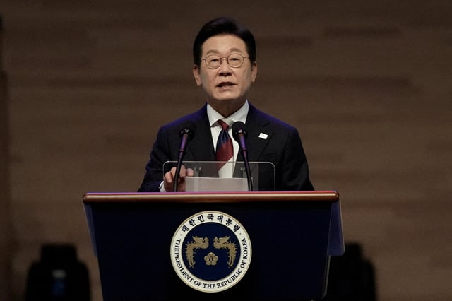 South Korean President Lee Jae Myung speaks during a ceremony in Seoul, South Korea, Friday, Aug. 15, 2025. Ahn Young-joon/Pool via REUTERS/File Photo