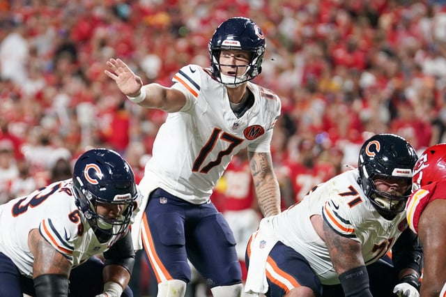 Aug 22, 2025; Kansas City, Missouri, USA; Chicago Bears quarterback Tyson Bagent (17) gestures at the line of scrimmage against the Kansas City Chiefs during the second half of the game at GEHA Field at Arrowhead Stadium. Mandatory Credit: Denny Medley-Imagn Images