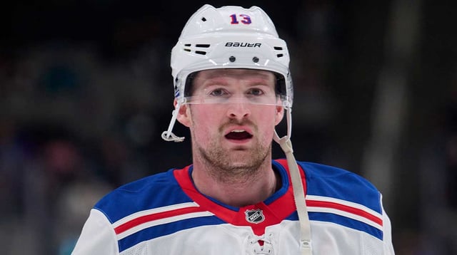 Mar 29, 2025; San Jose, California, USA; New York Rangers left wing Alexis Lafreniere (13) warms up before the game against the San Jose Sharks at SAP Center at San Jose. Mandatory Credit: Robert Edwards-Imagn Images