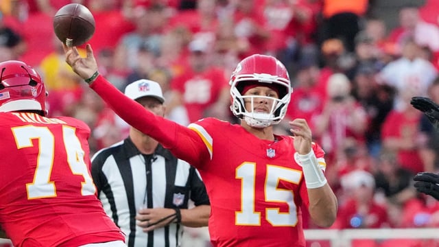 Aug 22, 2025; Kansas City, Missouri, USA; Kansas City Chiefs quarterback Patrick Mahomes (15) throws a pass against the Chicago Bears during the first half of the game at GEHA Field at Arrowhead Stadium. Mandatory Credit: Denny Medley-Imagn Images